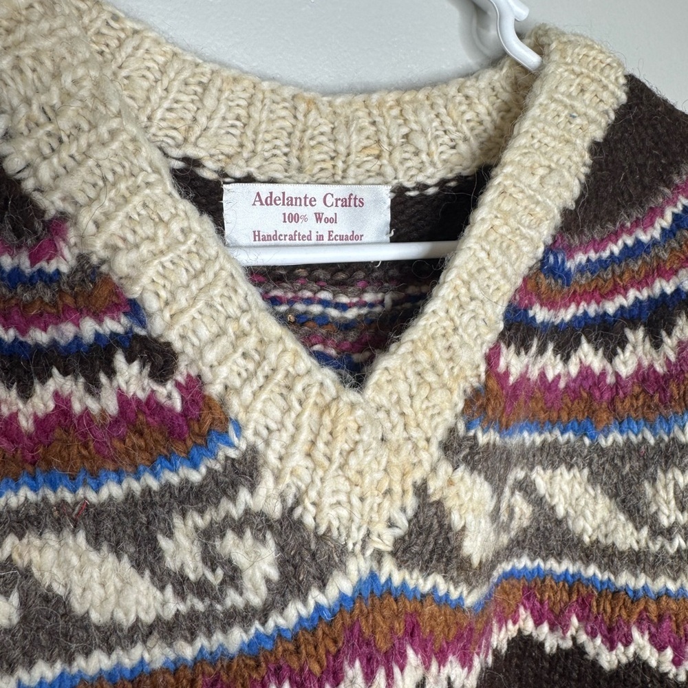 Vintage 100% Wool sweater Brown and Cream Knit Sweater with Patterned Design - Picture 2 of 5